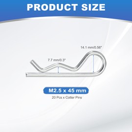 PATIKIL M2.5 x 45 mm Cotter Pin Assortment Kit, 20 Pcs Heavy Duty R Clips Hardware Pin Carbon Steel Spring Fasteners Hitch Pin for Trailer Locking Lawn Mowers Truck, Silver Tone