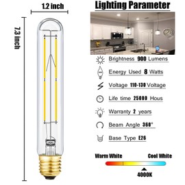 Leools Dimmable E26 Edison Bulb 8W Equal 75 watt Light Bulb AC120V Daylight 4000K Edison Light Bulbs 75 Watt 800LM Tubular T10 led Bulb for Rustic Pendant,Chandeliers,Wall sconces,Vanity 6Pack