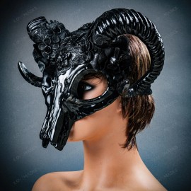 ILOVEMASKS Black Ram Horns Headpiece Floral Steampunk Gothic Masquerade Animal Party Mask