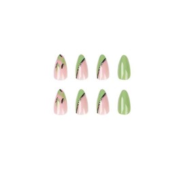 Green Press on Nails Medium Almond Fake Nails with Design Green Leaf Glue on Nails Cute False Nail Glossy Nail Tips Full Cover Acrylic Stick on Nail for Women Girls Manicure 24PCS