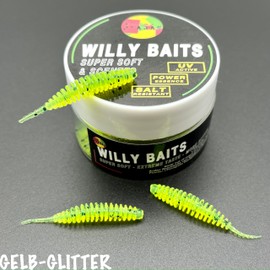 Psarás Willy Baits - 38 mm - Trout Softbaits Box - Knobi Aroma Slats Rubber Worms - Trout Fishing (Yellow Glitter)