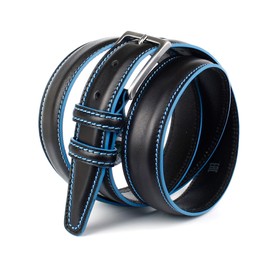 Anthoni Crown Versatile leather belt, men's belt, black, cambered, blue stitched, belt edges blue, matte pin buckle, for men's suit or jeans, 35 mm wide, model 3010B, black, 105