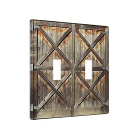 Brown Wooden Barn Doors Decorative Outlet Cover Double Toggle Light Switch Plate Cover Electricity Receptacles Plates For Home Kitchen Living Bedroom 4.5 * 4.5