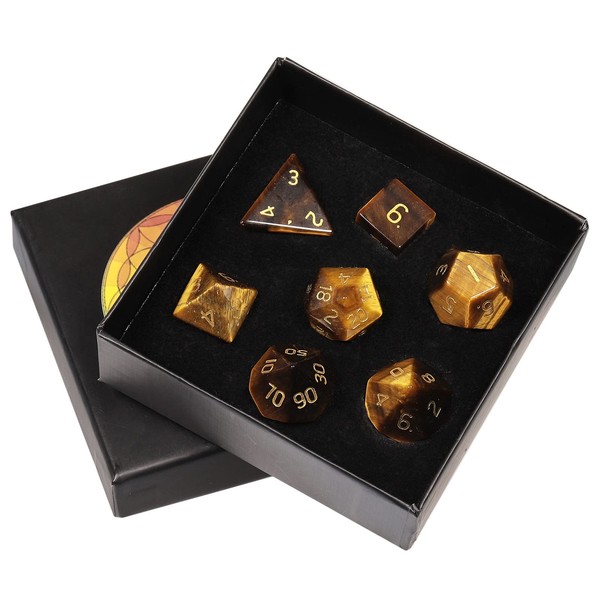 KYEYGWO Tiger's Eye Stone Crystal Polyhedral Dice Set, 7 Pieces Table Games Dice for Dungeons and Dragons RPG DND Dice Board Game Dice