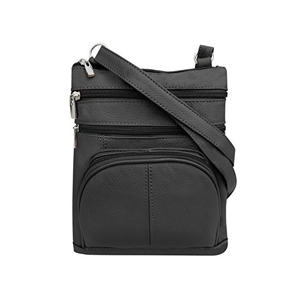 Roma Leathers Crossbody Zippered Purse - 3 Front Pockets, Adjustable Strap - Black