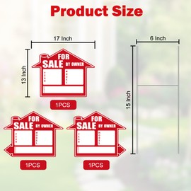 3 Pack For Sale By Owner Yard Sign, 17"x 13" For Sale Signs for Real Estate with Metal H Stakes,Corrugated Plastic For Sale By Owner Directional Arrows Signs for Home House Weather-Proof