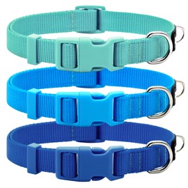 azuza 3 Pack Dog Collars Comfortable and Adjustable Nylon Dog Collars for for Small Dogs, S (11-16inch)，Green, Blue and Royal Blue