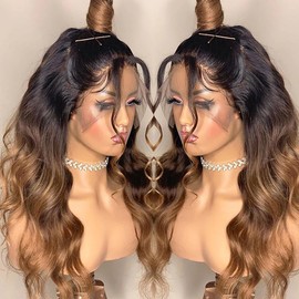 13x6 Lace Front Wigs Ombre Highlight Honey Blonde with Black Roots 180% Density Long Body Wave Style 100% Brazillian Human Hair Wig Pre Plucked Hairline (26Inch, 13X6 Lace Front Wig /Ombre Brown)