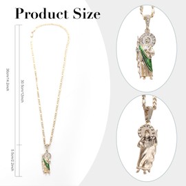 Gold Plated Green Saint Jude Pendant Necklace Figaro 24" San Judas Tadeo Medalla Cadena Oro Laminado