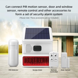 YBJ Solar Sound & Light Alarm Siren Wireless Outside Weatherproof Waterproof Alarm System with Motion Detector, Door Window Sensor, Remote Control