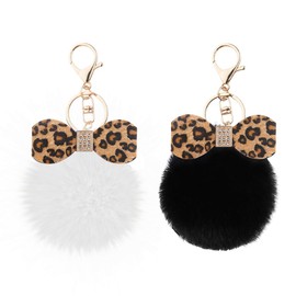 Soft Plush Leopard Bow Keychains White Black Plush Ball Keychain Accessories for Women Girls Bow Fluffy Key Chain for Girls Y2k Bag Purse Charm for Handbags Fuzzy Ball Keychains 2PC