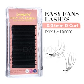 DAMMAN 0.05mm D Curl Rapid Fanning Lashes Extensions 12 Lines Mix Length 8-15mm Easy Fans Eyelashes Matte Black PBT Auto Blooming Volume Eyelashes Extensions