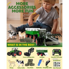 Remote Control Tractor Toy, 2.4 Ghz RC Tractor Toys for Kids 3-5, Toy Tractors Set with Trailer and Light/Loading Arm, Farm Animal Toys Include Cows, Sheep and Hay Bales, Toys for Boys 5-7