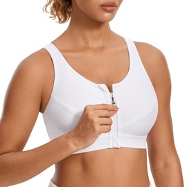 SYROKAN Women's Zip Front High Impact Wireless Racerback High Support Zipper in Front Sports Bra White 36C