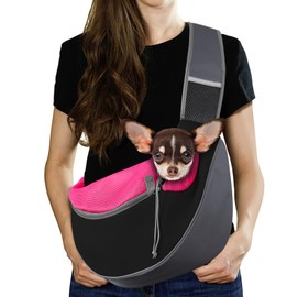 Pawaboo Dog Sling Carrier, Hand Free Breathable Mesh Bag for Puppy Cat, Drawstring Dog Papoose with Adjustable Strap and Pocket, Crossbody Satchel Dogs Purse for Outdoor Travel, M, Magenta