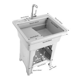 Laundry Sink,Freestanding Plastic Laundry Tub with Removable Washboard & Soap Grooves,Grey Rectangular Utility Sink with Cold Hot Water Faucet,Indoor Slop Sink for Garages,Basement,Laundry