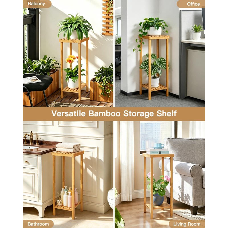 Ufine Bamboo 2-Tier Square Plant Stand, 30 Inch Tall Plant