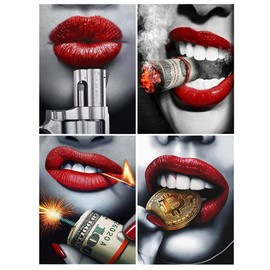 DCIDBEI 30 x 40 cm, 4 Sets Diamond Painting Rhinestone Complete Round DIY Embroidery Diamond Embroidery Red Lips Diamond Painting Fashion Women for Home Living Room Bedroom Wall Decoration