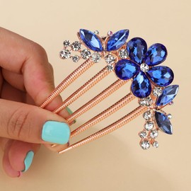 Chargances Boho Flower Rhinestone Hair Comb Blue Crystal Bridal Hair Peice Wedding Floral Hair Side Comb with Long Teeth Hiar Accessories for Women Girls Prom (Blue)