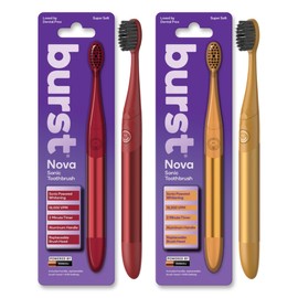 Burst Nova Toothbrush (2 Pack/Red & Orange) | Sonic Powered Teeth Whitening | Super-Soft Bristles | 18000 VPM | 2 Minute Timer | Aluminum Handle | Replaceable Brush Head | Compact Size | AAA Battery
