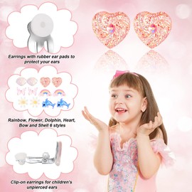 6 Pairs Kids Clip On Earrings for Girls, Bling Cute Dolphin Flower Heart Rainbow Shell Clip On Earrings Set Girls Earrings for Princess Girls Dress Up Jewelry Accessories