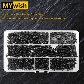 Mywish 645Pcs M4 Screw Metric Screw Assortment Kit, 10.9 Grade Alloy Steel Bolts, Button Head Socket Cap Metric Screws, Flat Washers/Nuts/Hex Wrenches M4*8/12/16/20/25/30mm Black, Fully Threaded