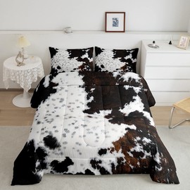 Homewish Cow Fur Comforter Set Queen Size White Black Brown Cowhide Bedding Set 3pcs for Kids Boys Teens Animal Skin Print Quilt Set Farmhouse Cow Print Duvet Set with 2 Pillowcases