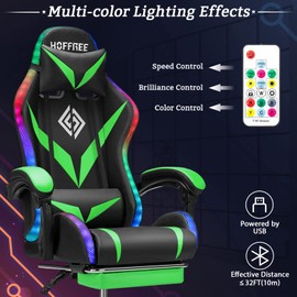 RGB Gaming Chair with LED Lights and Massage Ergonomic Computer Chair with Footrest High Back Video Game Chair with Adjustable Lumbar Support Linkage Armrest Green and Black
