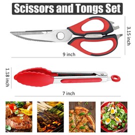 Kitchen Shears Heavy Duty for Food,Korean Barbecue Scissors and Tongs Set,Korean BBQ Tongs and Scissors for Grilling Cooking,Kitchen Tongs and Shears for Cutting Meat,Chicken,Turkey,Bacon,Vegetables