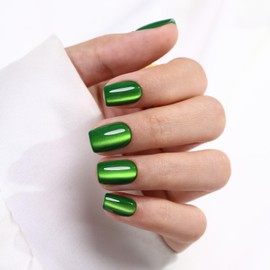 Green Christmas Cat Eye Fall Nails Press Ons - GJZEZ Soft Gel Square Holographic Glass Cateye Magnetic Press on False Nail, Halloween Press on Nails Gifts | 16 Sizes - 32 pcs Reusable Nail, Emerald