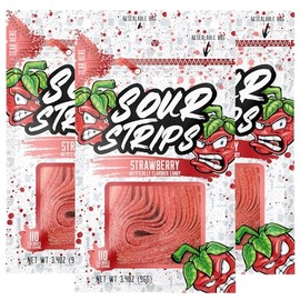 Sour Strips Flavored Sour Candy Strips, Deliciously Sour Chewy Candy Belts, Vegetarian Candies, 3 Pack (Strawberry (3-Pack))