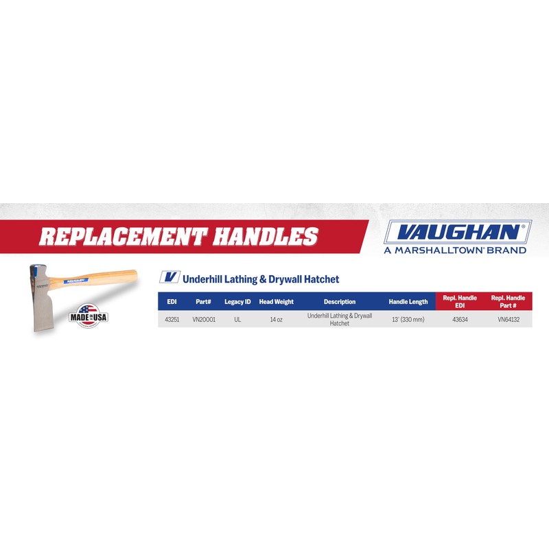 Vaughan Underhill Lathing and Drywall Hatchet, Hickory Handle, Polished Head,