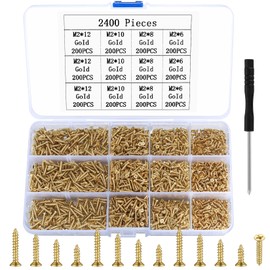 1080 Pieces Small Self-Tapping Screws, M2/M2.5/M3 Wood Screws, 6 mm/8 mm/10 mm Flat Head Cross Head Tapping Screws Set for Office Equipment, Wooden Furniture (2400 Gold)