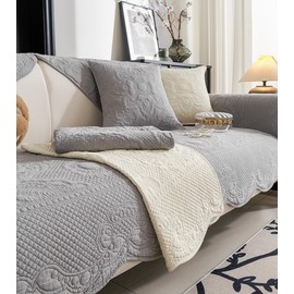Huierxun Luxury Vintage Cotton Embroidery Sofa Cover Soft Farmhouse Seat Cushion Cover Floral Quilted Sectional Couch Cover Anti-Slip Sofa Slipcovers Furniture Protector for Dogs Cats (Grey,36"x63")