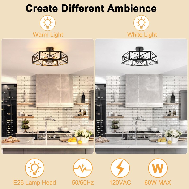 WILON Semi Flush Mount Ceiling Light, Industrial 6 Light Close
