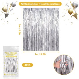 4 PCS Glittering Silver Tinsel Decorations, 3.2ft x 6.5ft Elegant Silver Tinsel Strands & Streamers, Angel Hair Tinsel, Festive Tinsel Door Curtain Set for Spectacular Display