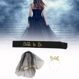 Bride To Be Satin Sash, Shiny Black, Exquisite Golden Glitter Lettering Bride To Be Classic Tie Tiara for Bridal Shower for Hen Night