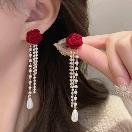 Aneneiceera Vintage Flower Crystal Pearl Earrings Long Gold Chandelier Earrings Pearl Tennis Chain Earrings Red Velvet Rose Stud Earrings Jewellery for Women and Girls, Zinc