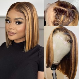 Flady 10 inch Honey Blonde Bob wig Human Hair 13x4 HD Frontal Lace Wigs 150% Density 4/27 Highlight Bob Lace Front Wigs Human Hair Pre Plucked Ombre Color Short Straight Bob Wigs for Black Women