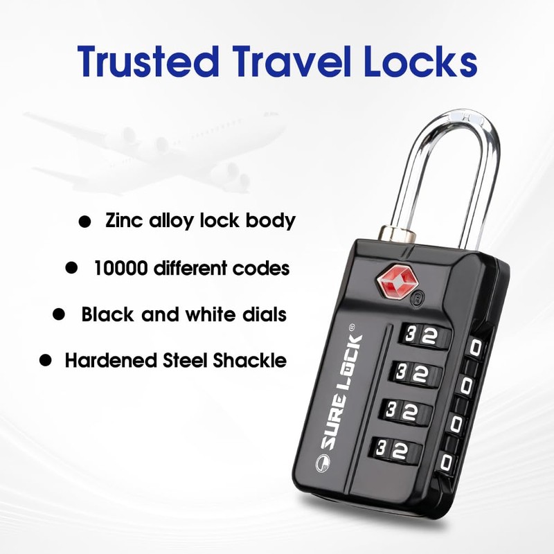 SURE LOCK TSA Approved 4-Digit Resettable Combination Luggage Locks with