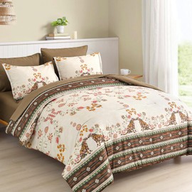 Drucon Brown Boho Comforter Set Queen Size 7 Piece Bed in a Bag, Farmhouse Rustic Bedding Set with Flowers Pattern, Soft Microfiber Comforter and Sheet Set for All Season (Queen, 90"x90")