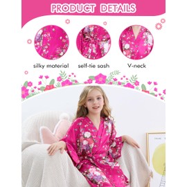 Kids Floral Silky Robes for Girls Spa Party Bridal Party Wedding Flower Girl with Blindfold Hair Band and Headband (Rose, Tag 12)