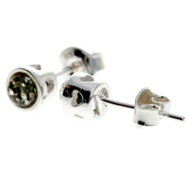 Genuine Natural Green Baltic Amber and 925 Sterling Silver Studs with Hearts Earrings GL169G