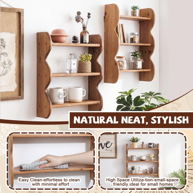 Cinnvoice 2 Pcs Solid Wood Wall Shelf 3-Tier Rustic Floating