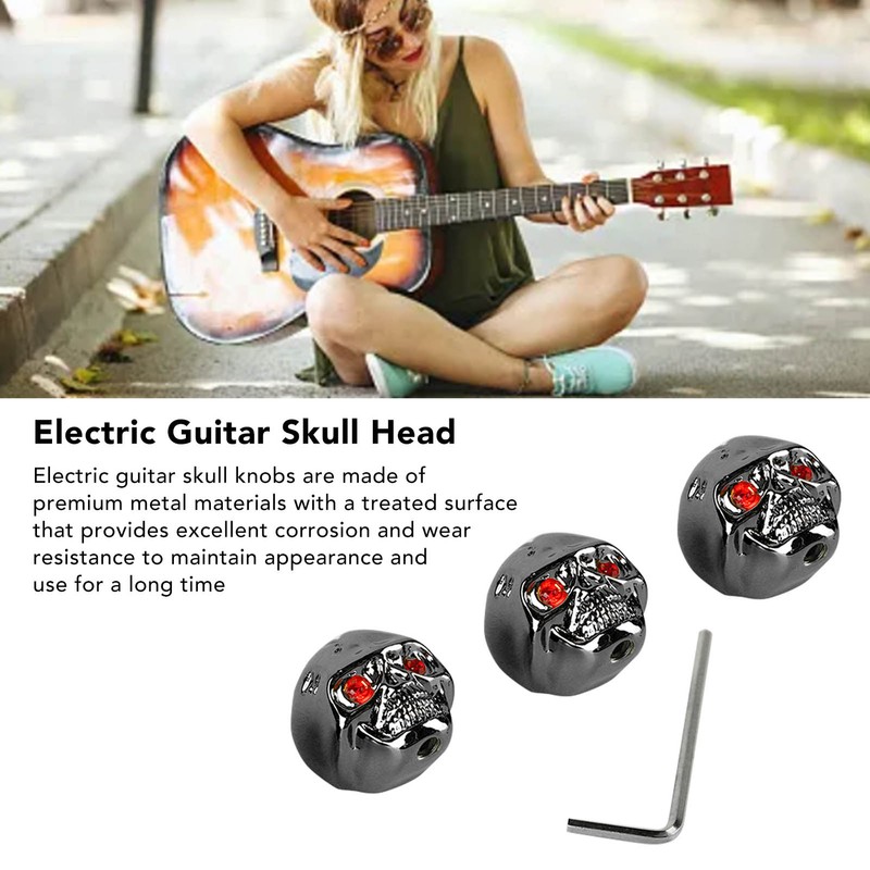 3Pcs Electric Guitar Skull Knobs Metal Volume Tone Head Cap