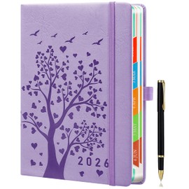 2026 A5 One Page per Day Diary – Page a Day, January to December, Daily & Monthly Planner, Colorful Tabs, Elastic Pen Holder, Pen Loop & Inner Pocket, Light Purple