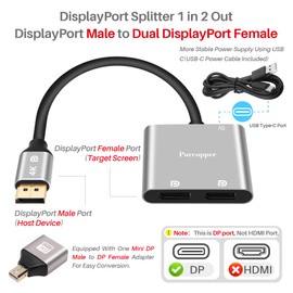 Purcopper DisplayPort to Dual DisplayPort Adapter (Dual 4K@60Hz), DP Splitter 1 in 2 Out Extended Display MST 1 DP Male to 2 DP Female for Dual Monitors, DP Splitter Hub for Desktop PC Laptop-2 Feet
