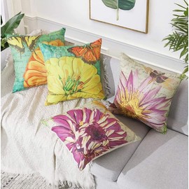 BAOKU Vintage Chrysanthemums Pattern Cushion Covers 45 x 45 cm Throw Pillow Covers Soft Pillowcases for Sofa Bed Home Garden Patio Decor Set of 4