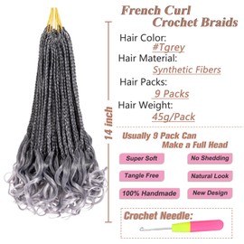 RuiYok 9 Packs Ombre Gray French Curl Crochet Braids 14 Inch Crochet Goddess Box Braids with Curly Ends Pre Looped Synthetic Bouncy Braiding Hair for Women
