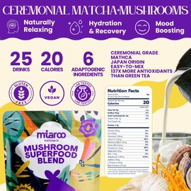 Mushroom Matcha 150g (25 servings, 70mg Caffeine, Zero Sugar) with Lion’s Mane, Cordyceps, Reishi, Chaga | Adaptogenic, Nootropic, Calm Energy, Gut Support & Cognitive Improvement | Miaroo